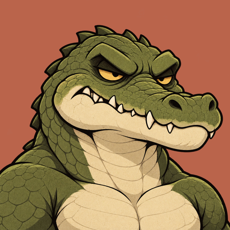 Common Angry Croc with olive scales, amber eyes and an ivory snarl on a terracotta background