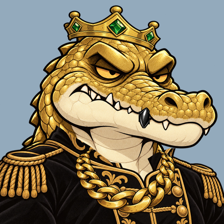 Epic gold Angry Croc in a royal velvet jacket with a gold crown and chain on a powder-blue background