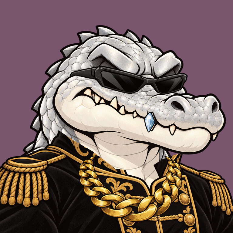 Legendary platinum Angry Croc in royal velvet with black shades, a diamond fang and gold chain on a plum background