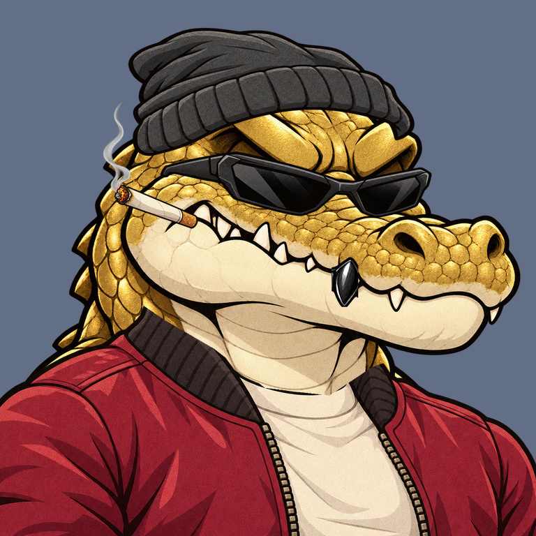 Rare gold Angry Croc wearing a crimson bomber, black beanie and black shades against a storm background