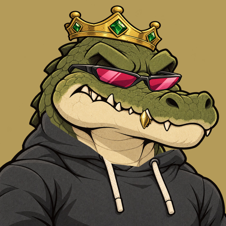 Uncommon olive Angry Croc wearing a charcoal hoodie, gold crown and rose shades on a mustard background